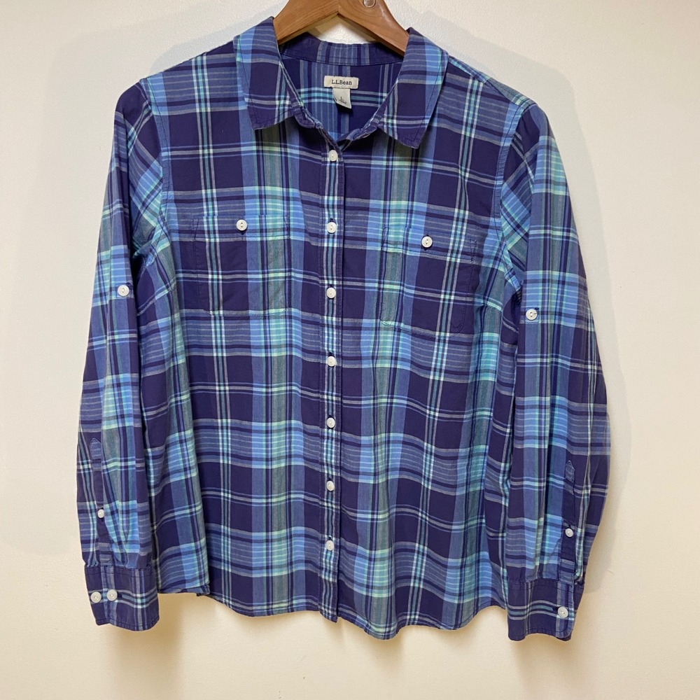 L.L.Bean Button Down Shirt Women Large Petite Blue Purple Plaid Roll Tab Sleeve